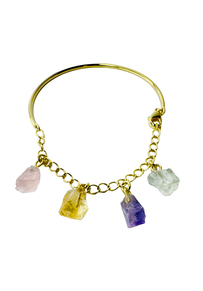 Half Moon Half Chain Quartet Gold Plated Bracelet - Quartzo Rosa (Rose Quartz), Citrino (Citrine), Ametista (Amethyst), and Cristal de Rocha (Rock Crystal)