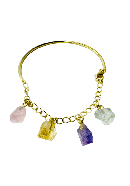 Half Moon Half Chain Quartet Gold Plated Bracelet - Quartzo Rosa (Rose Quartz), Citrino (Citrine), Ametista (Amethyst), and Cristal de Rocha (Rock Crystal)