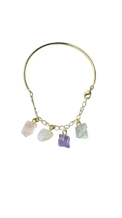 Half Moon Half Chain Quartet Gold Plated Bracelet - Quartzo Rosa (Rose Quartz), Cristal Milk (Milky Quartz), Ametista (Amethyst), and Cristal de Rocha (Rock Crystal)