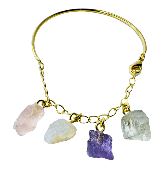 Half Moon Half Chain Quartet Gold Plated Bracelet - Quartzo Rosa (Rose Quartz), Cristal Milk (Milky Quartz), Ametista (Amethyst), and Cristal de Rocha (Rock Crystal)