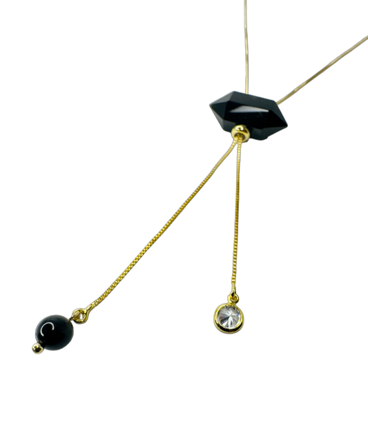 Gold Plated Tie Double Ended Necklace with Two Obsidiana Negra (Black Obsidian) and Zirconia Point of Light