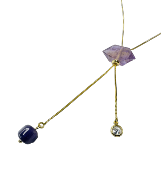 Gold Plated Tie Double Ended Necklace with Two Ametista Stones (Amethyst) and One Zirconia Point of Light