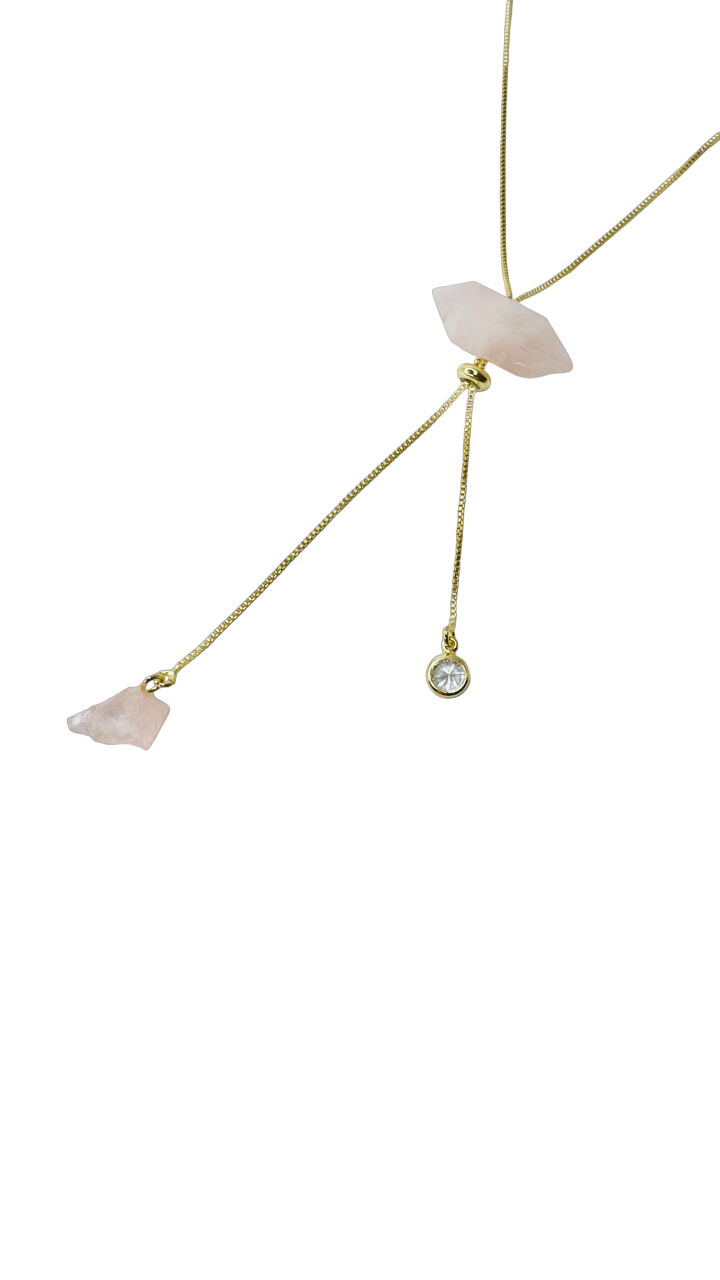 Gold Plated Tie Gold Plated Tie Double Ended Necklace with Two Quartzos Rosa (Rose Quartz) and One Zirconia Point of Light