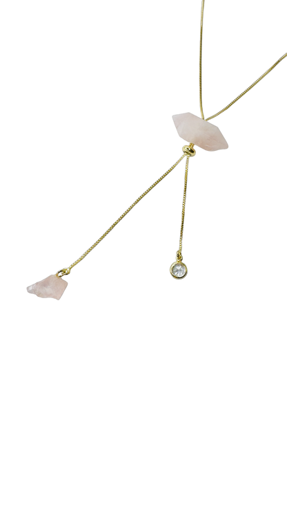 Gold Plated Tie Gold Plated Tie Double Ended Necklace with Two Quartzos Rosa (Rose Quartz) and One Zirconia Point of Light