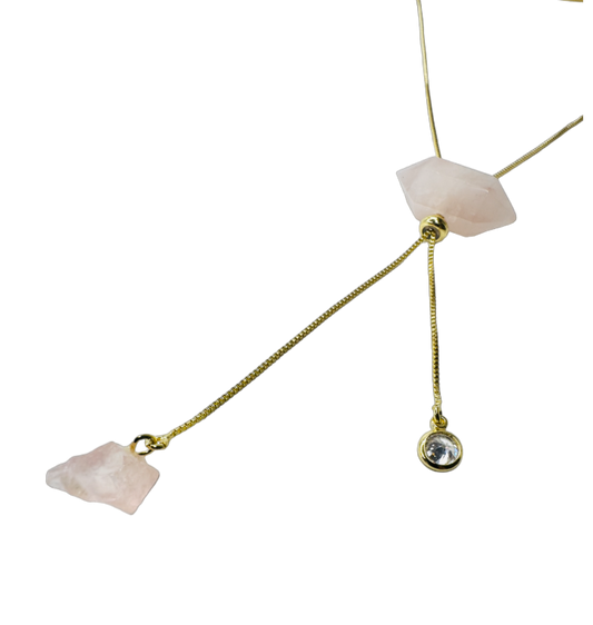 Gold Plated Tie Gold Plated Tie Double Ended Necklace with Two Quartzos Rosa (Rose Quartz) and One Zirconia Point of Light