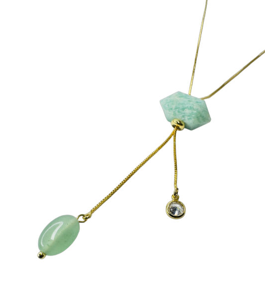 Gold Plated Tie Double Ended Necklace with Amazonita (Amazonite), Quartzo Verde (Green Quartz), and Zirconia Point of Light