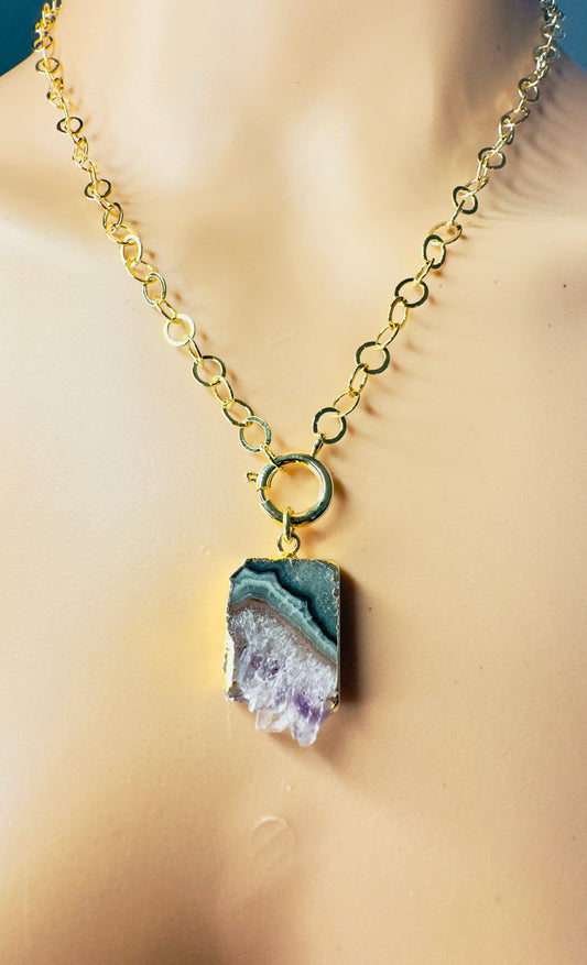 Gold Plated Round Thread Chain with Drusa de Ametista (Amethyst Druzy)