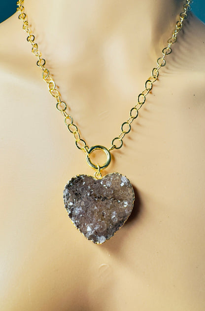 Gold Plated Round Thread Chain with Drusa de Ágata (Agate Druzy)