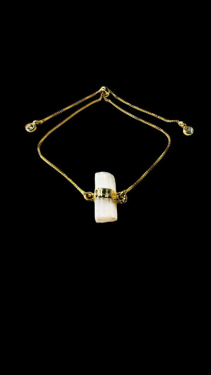 Gold Plated Stone Trio Tie Bracelet with Selenita Branca (White Selenite) and Two Zirconia Points of Light