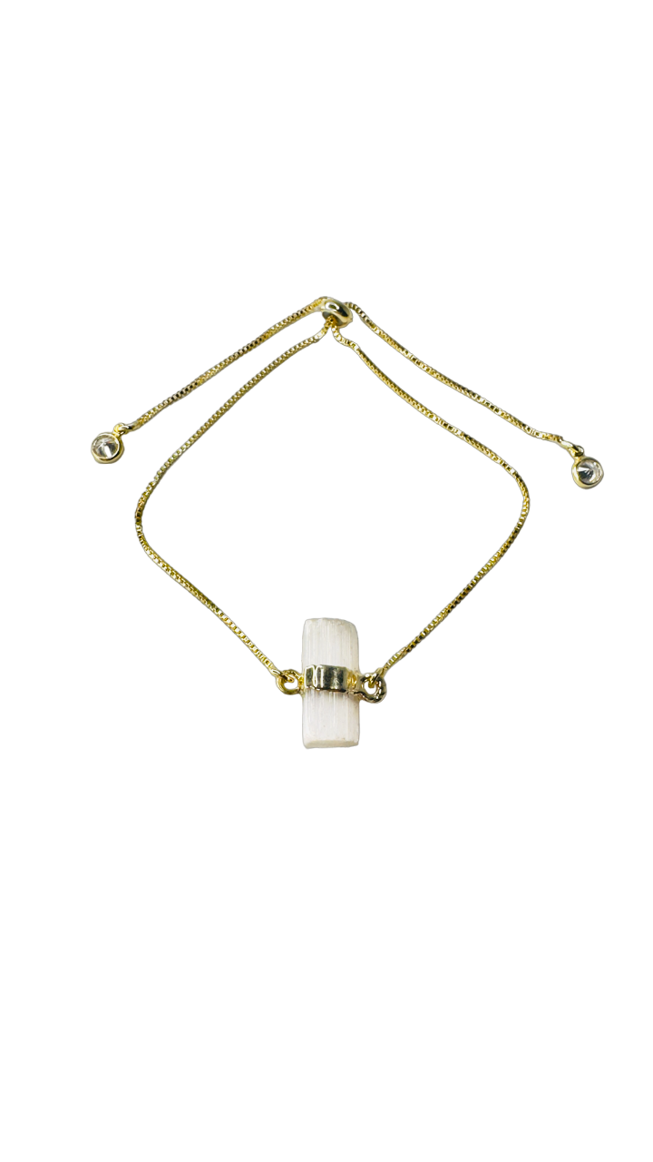 Gold Plated Stone Trio Tie Bracelet with Selenita Branca (White Selenite) and Two Zirconia Points of Light