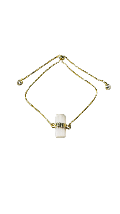 Gold Plated Stone Trio Tie Bracelet with Selenita Branca (White Selenite) and Two Zirconia Points of Light