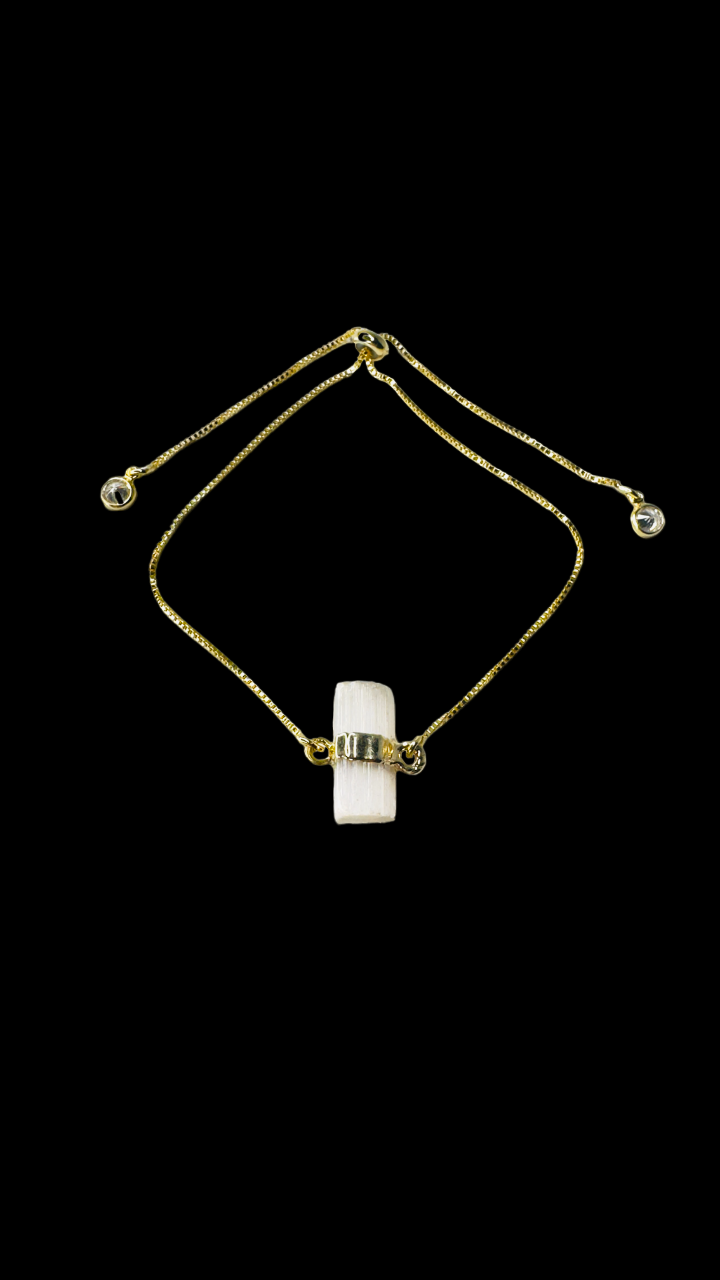 Gold Plated Stone Trio Tie Bracelet with Selenita Branca (White Selenite) and Two Zirconia Points of Light