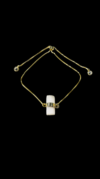 Gold Plated Stone Trio Tie Bracelet with Selenita Branca (White Selenite) and Two Zirconia Points of Light