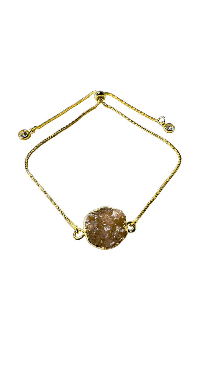 Gold Plated Stone Trio Tie Bracelet with Drusa de Ágata (Agate Druzy) and Two Zirconia Points of Light