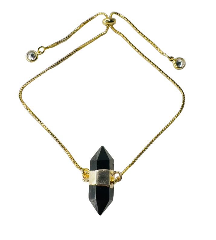 Gold Plated Stone Trio Tie Bracelet with Obsidiana Negra (Black Obsidian) and Two Zirconia Points of Light