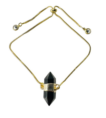 Gold Plated Stone Trio Tie Bracelet with Obsidiana Negra (Black Obsidian) and Two Zirconia Points of Light