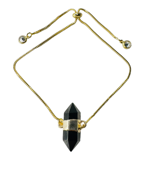 Gold Plated Stone Trio Tie Bracelet with Obsidiana Negra (Black Obsidian) and Two Zirconia Points of Light