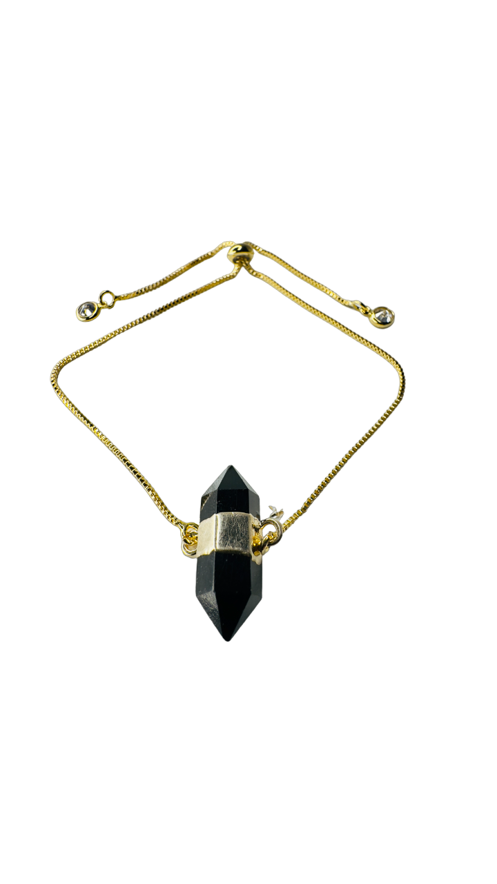 Gold Plated Stone Trio Tie Bracelet with Obsidiana Negra (Black Obsidian) and Two Zirconia Points of Light