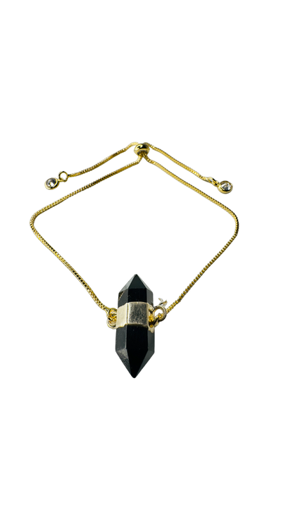 Gold Plated Stone Trio Tie Bracelet with Obsidiana Negra (Black Obsidian) and Two Zirconia Points of Light