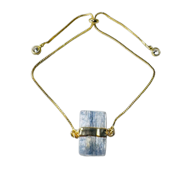 Gold Plated Stone Trio Tie Bracelet with Cianita Azul (Blue Kyanite) and Two Zirconia Points of Light