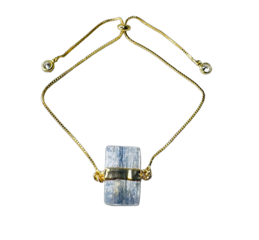 Gold Plated Stone Trio Tie Bracelet with Cianita Azul (Blue Kyanite) and Two Zirconia Points of Light