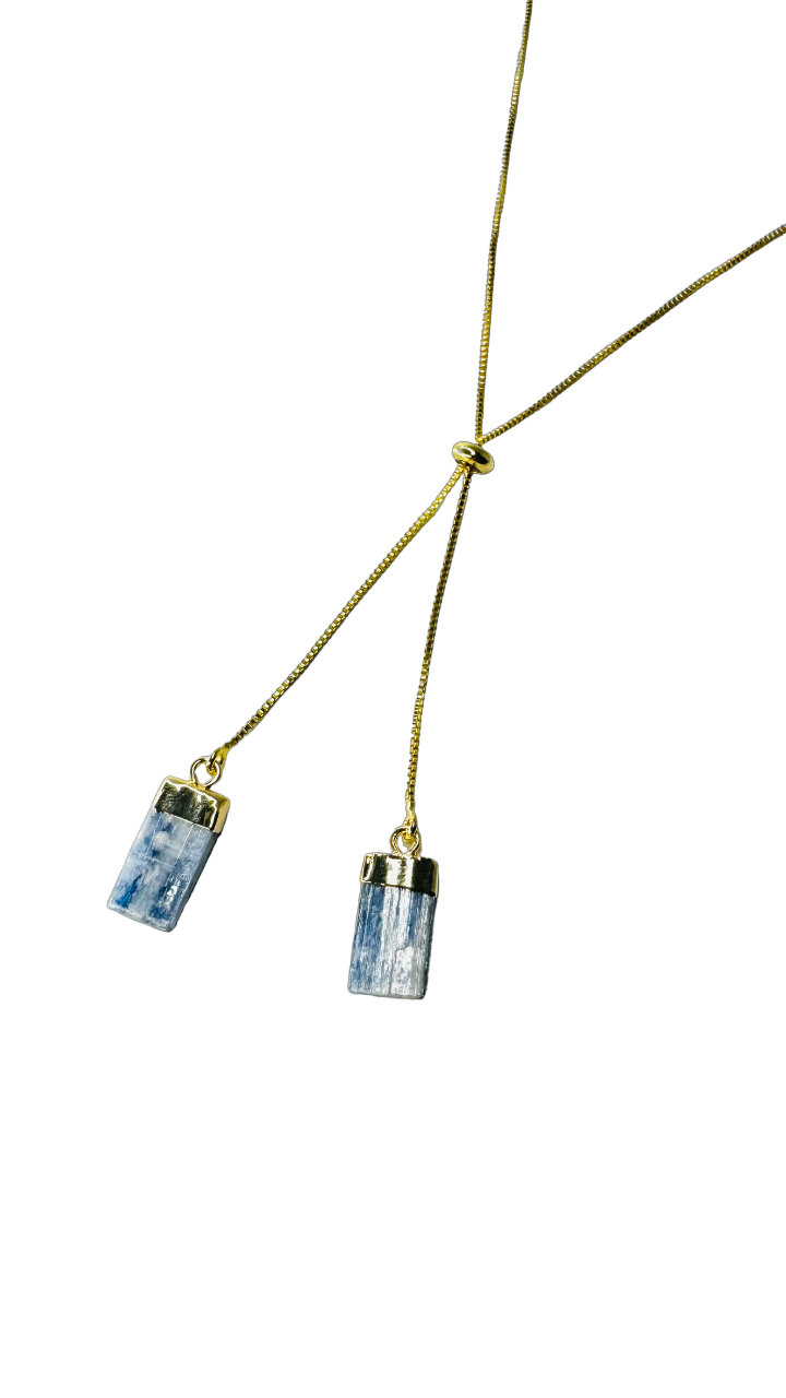 Gold Plated Two Stones Tie Necklace with Cianita Azul (Blue Kyanite)