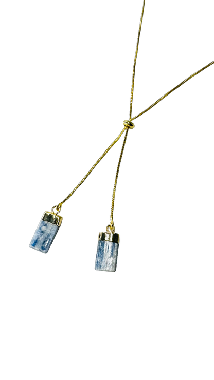 Gold Plated Two Stones Tie Necklace with Cianita Azul (Blue Kyanite)