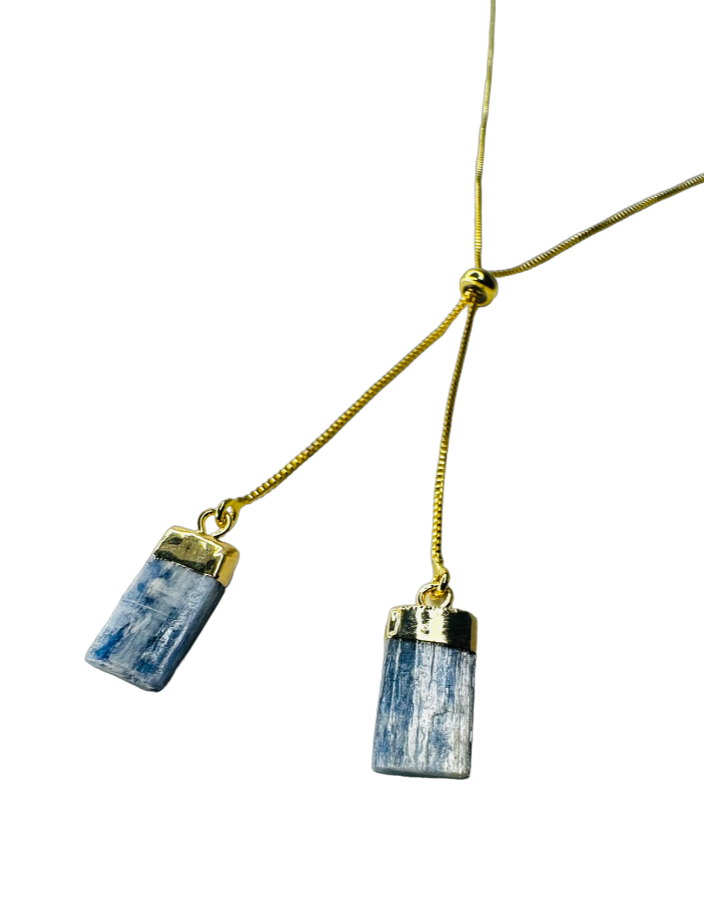 Gold Plated Two Stones Tie Necklace with Cianita Azul (Blue Kyanite)