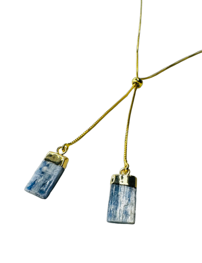 Gold Plated Two Stones Tie Necklace with Cianita Azul (Blue Kyanite)