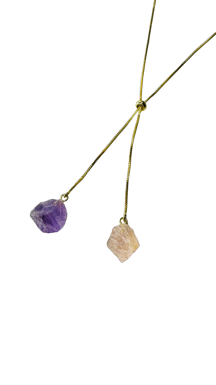 Gold Plated Two Stones Tie Necklace with Ametista (Amethyst) and Quartzo Rosa (Rose Quartz)