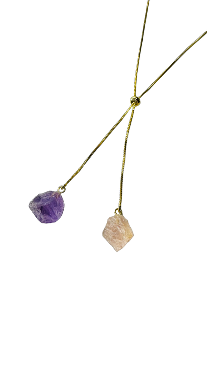 Gold Plated Two Stones Tie Necklace with Ametista (Amethyst) and Quartzo Rosa (Rose Quartz)