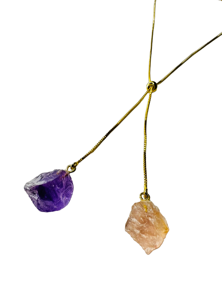 Gold Plated Two Stones Tie Necklace with Ametista (Amethyst) and Quartzo Rosa (Rose Quartz)