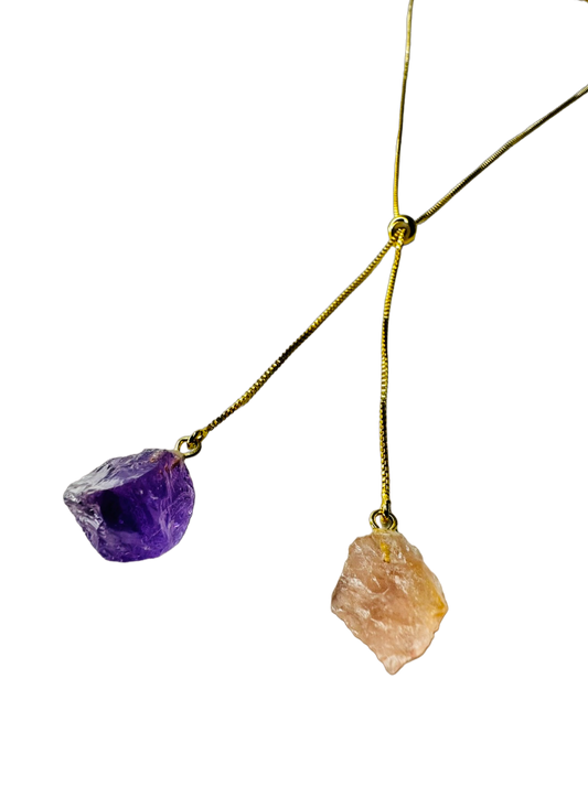 Gold Plated Two Stones Tie Necklace with Ametista (Amethyst) and Quartzo Rosa (Rose Quartz)