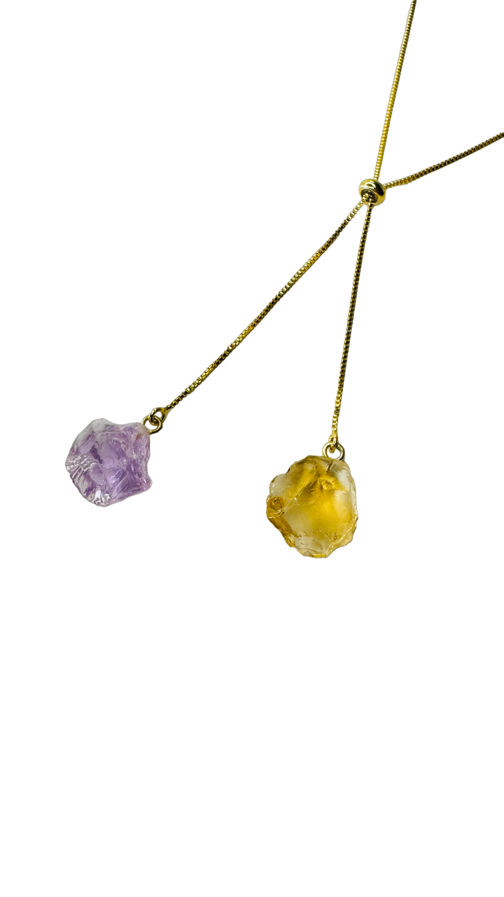 Gold Plated Two Stones Tie Necklace with Ametista (Amethyst) and Citrino (Citrine)