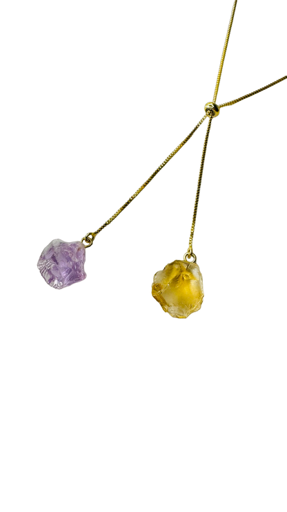 Gold Plated Two Stones Tie Necklace with Ametista (Amethyst) and Citrino (Citrine)