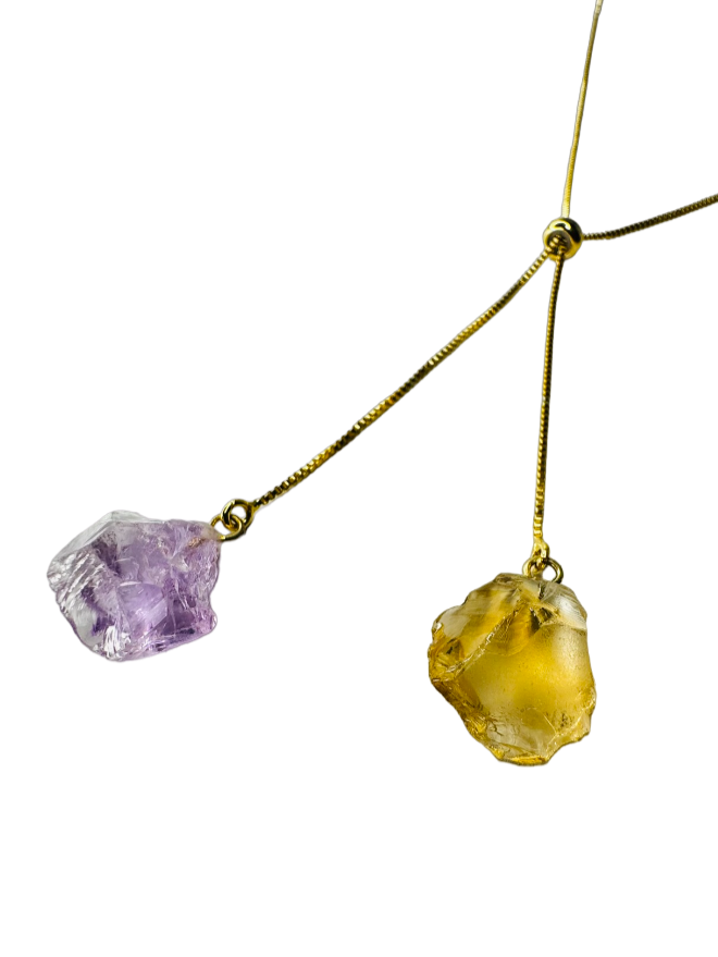 Gold Plated Two Stones Tie Necklace with Ametista (Amethyst) and Citrino (Citrine)