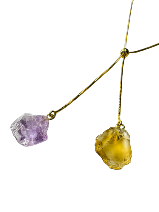 Gold Plated Two Stones Tie Necklace with Ametista (Amethyst) and Citrino (Citrine)