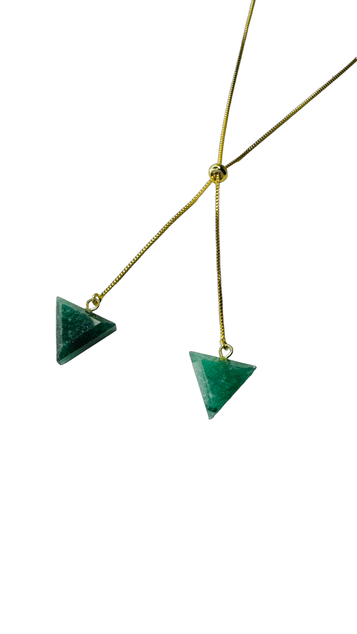 Gold Plated Two Stones Tie Necklace with Quartzo Verde (Green Quartz) Pair