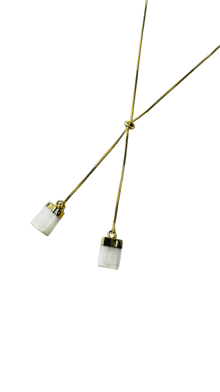 Gold Plated Two Stones Tie Necklace with Selenita Branca (White Selenite) Pair