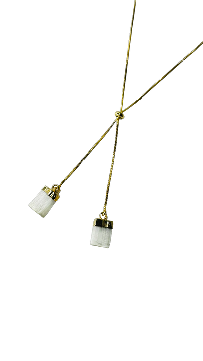 Gold Plated Two Stones Tie Necklace with Selenita Branca (White Selenite) Pair