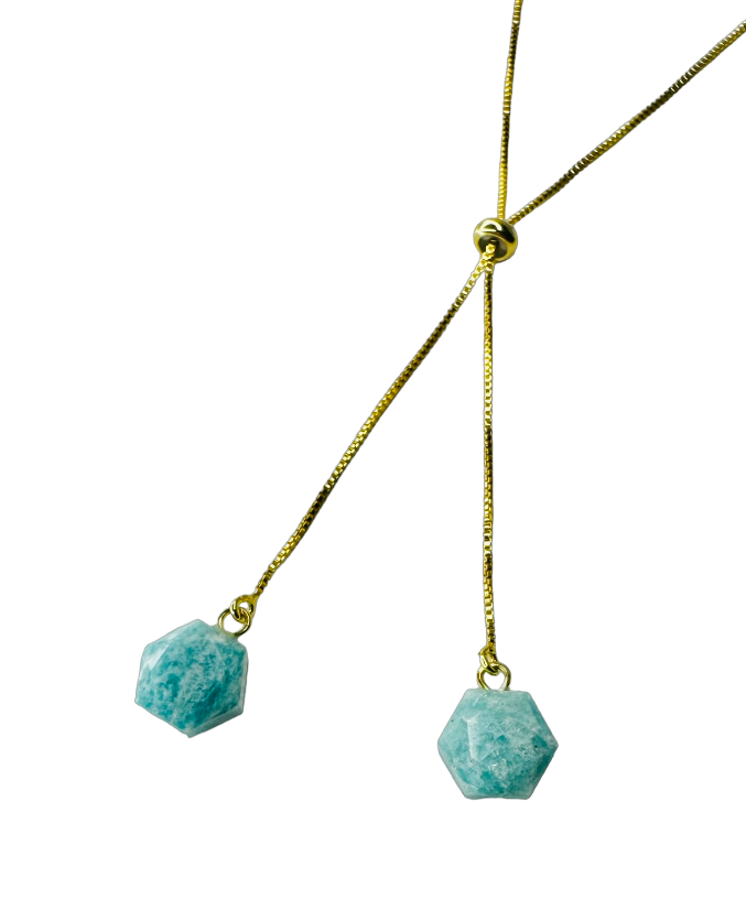 Gold Plated Two Stones Tie Necklace with Amazonita (Amazonite) Pair