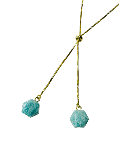 Gold Plated Two Stones Tie Necklace with Amazonita (Amazonite) Pair