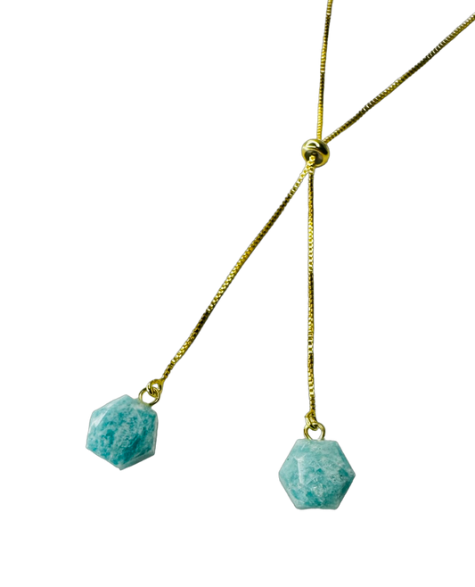 Gold Plated Two Stones Tie Necklace with Amazonita (Amazonite) Pair