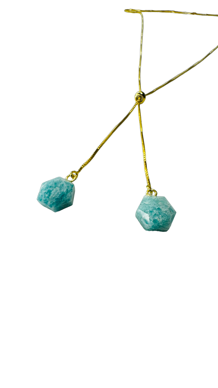 Gold Plated Two Stones Tie Necklace with Amazonita (Amazonite) Pair