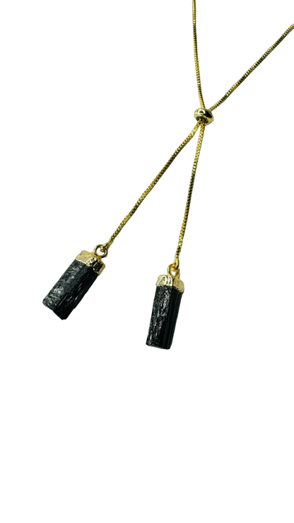 Gold Plated Two Stones Tie Necklace with Turmalina Negra (Black Tourmaline) Pair