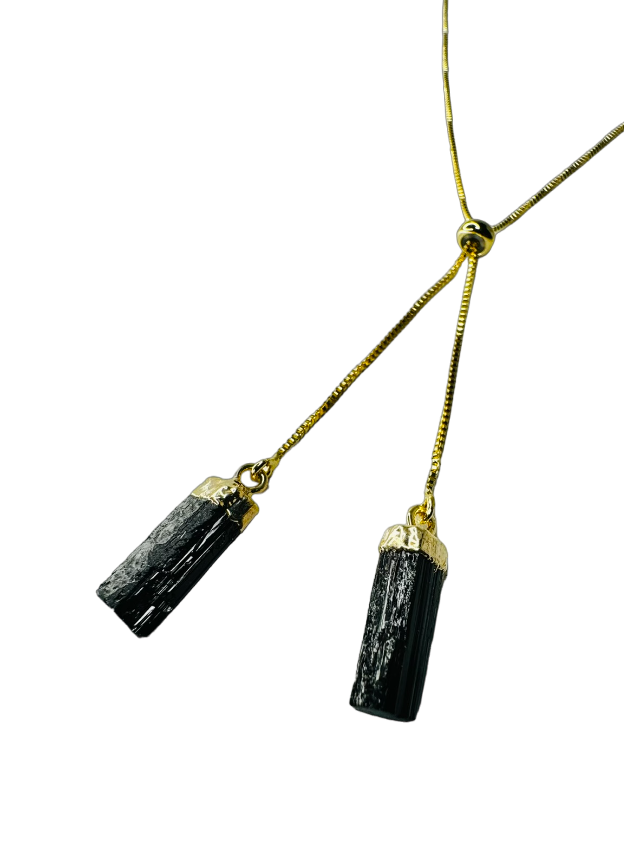 Gold Plated Two Stones Tie Necklace with Turmalina Negra (Black Tourmaline) Pair