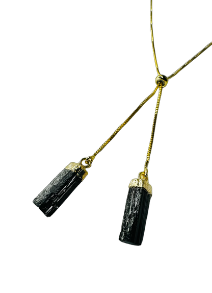 Gold Plated Two Stones Tie Necklace with Turmalina Negra (Black Tourmaline) Pair