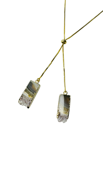 Gold Plated Two Stones Tie Necklace with Drusa de Ametista (Amethyst Druzy) Pair