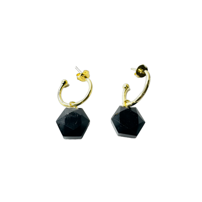 Natural Stone Obsidiana Negra (Black Obsidian) Hoop Earring - Gold Plated