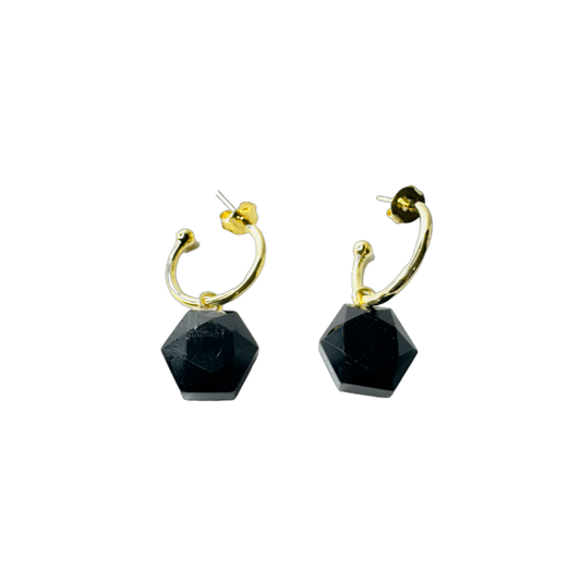 Natural Stone Obsidiana Negra (Black Obsidian) Hoop Earring - Gold Plated